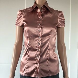 Ambiance Silk Pink Cap Sleeve Cinched High Collar Blouse Small S